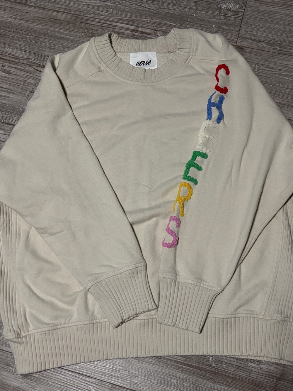aerie Cream Crewneck Sweatshirt with Vertical Multicolor Lettering